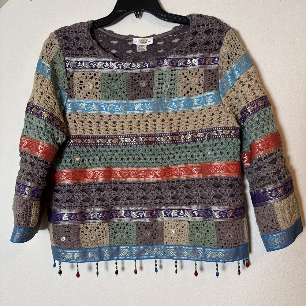 Sandy Starkman Crochet Patchwork Sweater L Boho Ribbon Trim Beaded Hem India